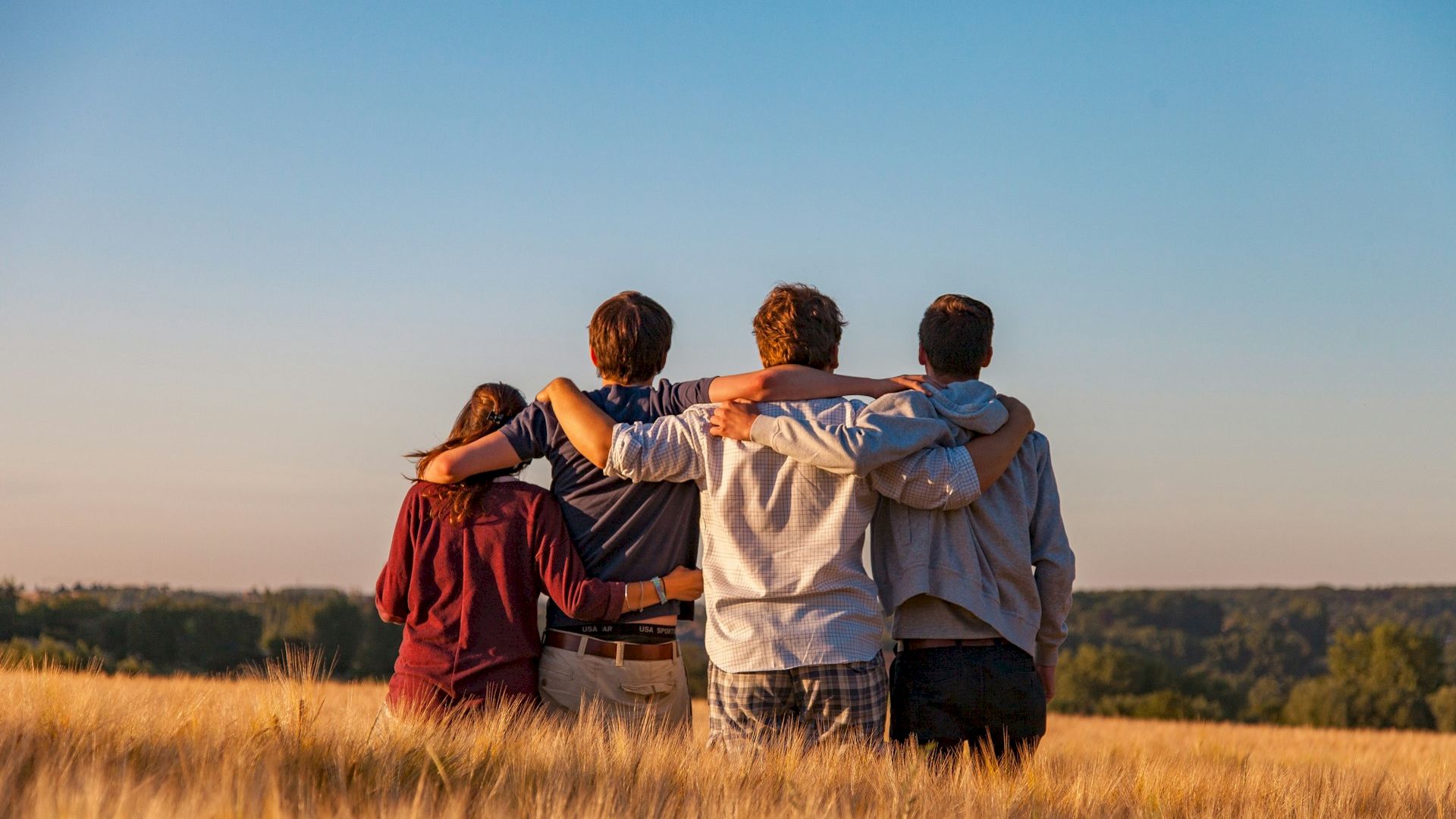 Four people stand in a field with their arms around each other, facing away and looking towards the horizon under a clear sky.