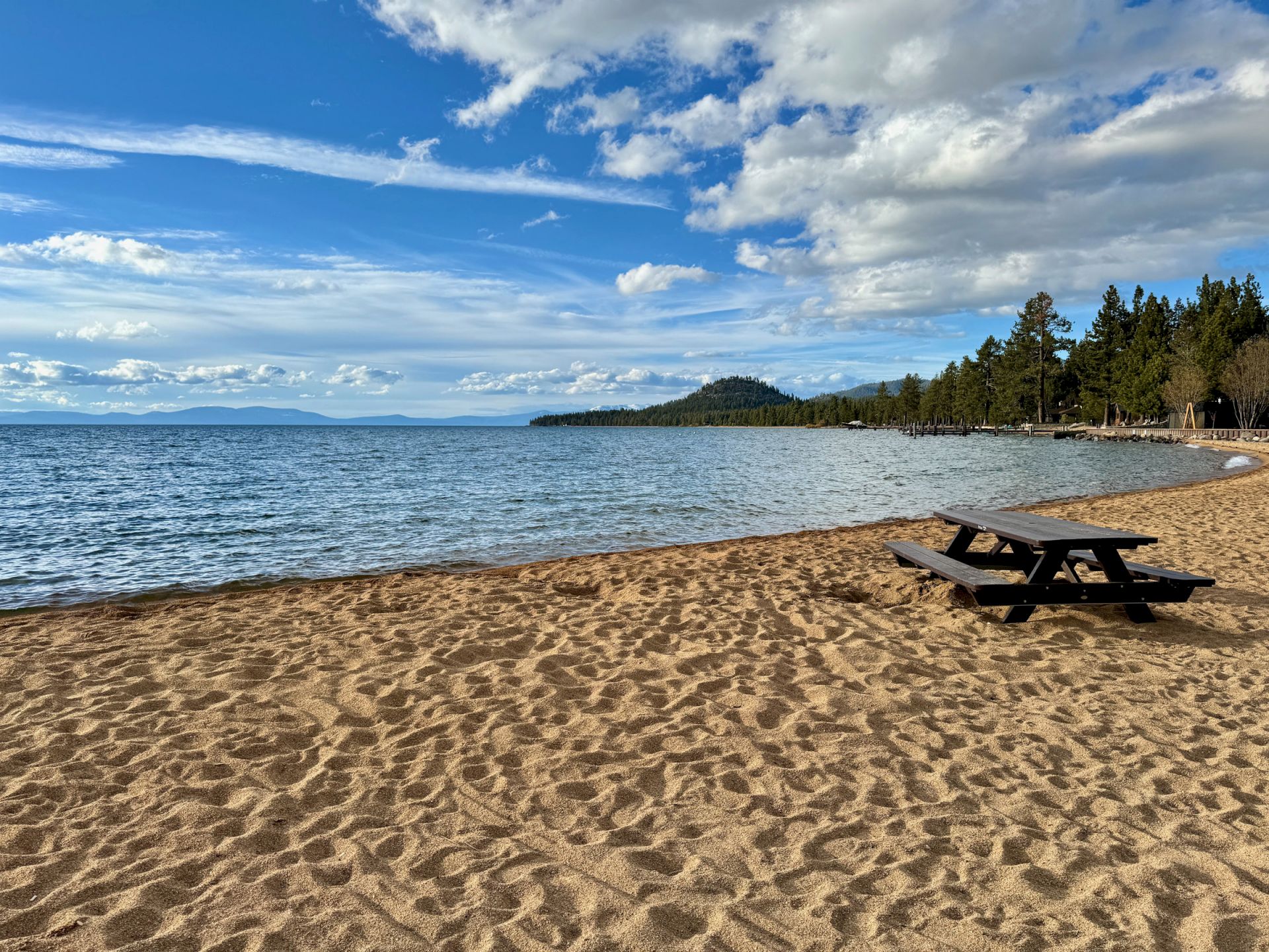 a sandy beach with a picnic table and trees in the background