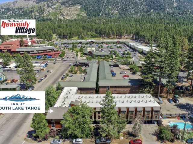 An aerial view of the hotel and its surroundings.
