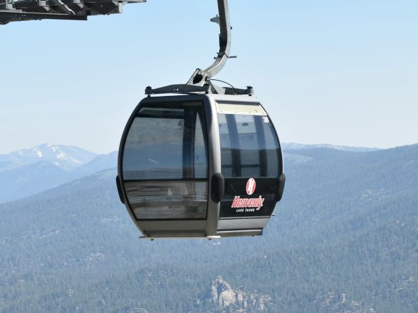 A gondola lift suspended over a mountainous landscape with trees, under a clear blue sky.
